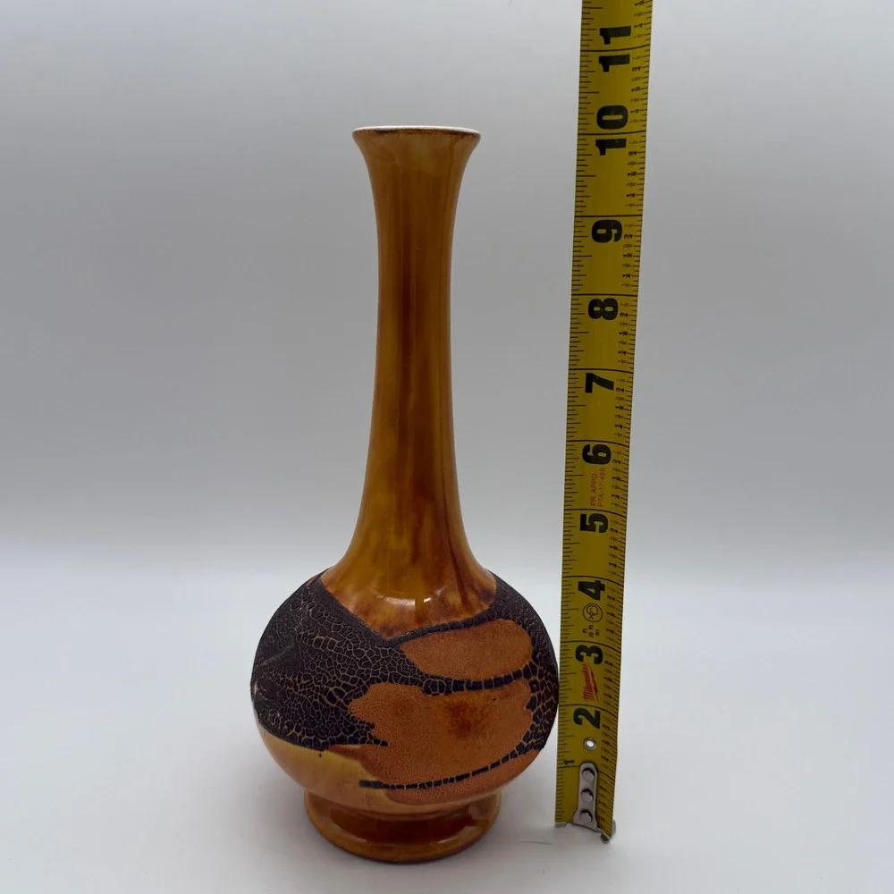 Vintage Studio Pottery Bud Vase Amber Lava Textured Mid Century Modern 10in
